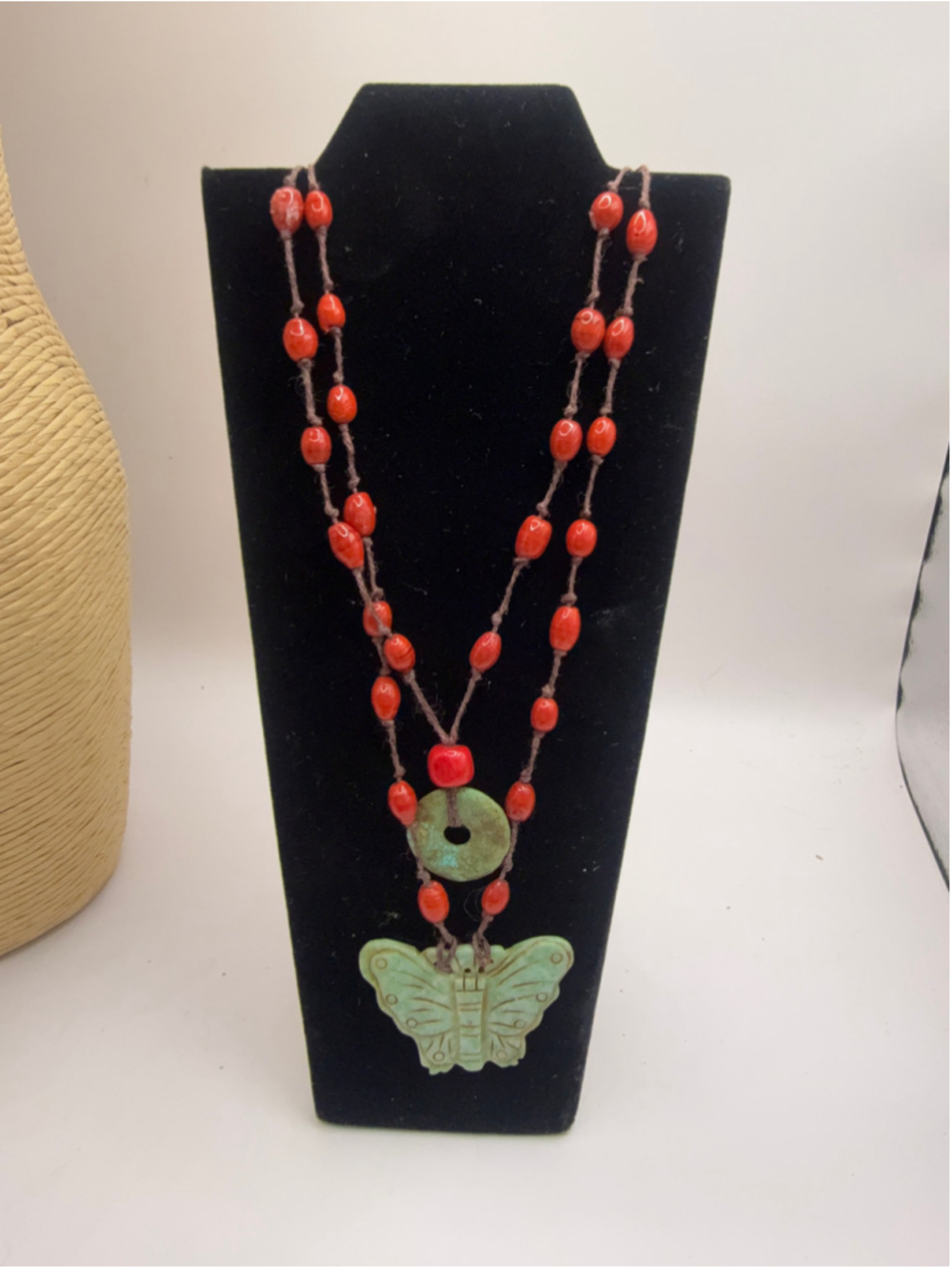 Women's Handmade Butterfly Necklace Red Glass and Green Jade